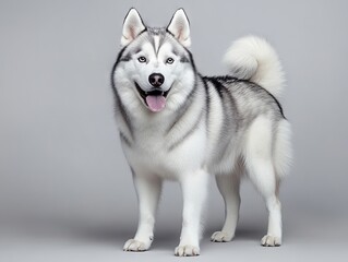 A white and black husky dog standing in front of a gray background