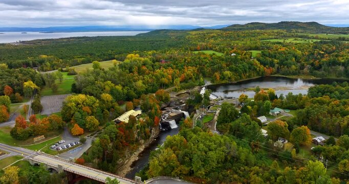 Beautiful Ausable Chasm in autumn. Aerial view on the beautiful scenery under cloudy sky.
