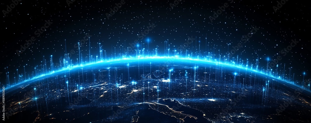 Poster digital earth planet with blue glowing lights, network and global connectivity on tech background, f