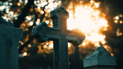 Golden Christian cross at sunset representing faith, spirituality, worship. Symbol of Jesus Christ, prayer, Catholic grace, love, hope, peace, meditation, and holy devotion in a serene religious scene