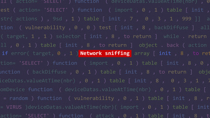 Cyber attack network sniffing text in foreground screen of code editor developer studio point of vue. Vulnerability text in binary system ascii. Text in English, English text