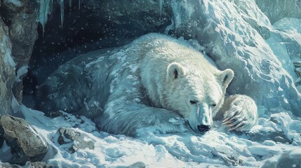 Polar Bear Cozying in Snowy Cave During Winter Months, Capturing Serenity and Resilience of Arctic Wildlife in Harsh Conditions