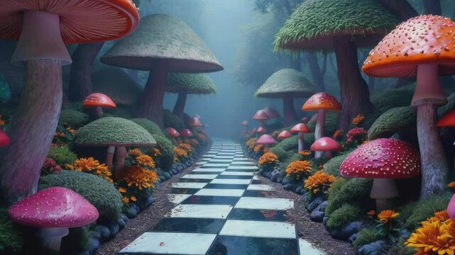 Alice in Wonderland. POV walking down a stone path lined with giant, colorful mushrooms in a misty forest. The whimsical scene evokes a sense of wonder, as if she's journeying into a magical, fairy-ta