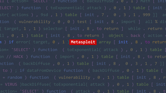 Cyber attack metasploit text in foreground screen of code editor developer studio point of vue. Vulnerability text in binary system ascii. Text in English, English text