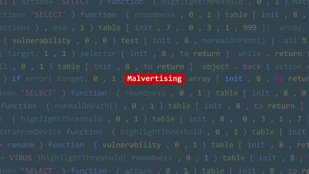 Malvertising cyber attack text in foreground screen of code editor developer studio point of vue. Vulnerability text in binary system ascii. Text in English, English text