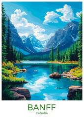 Banff Canada Poster Illustration Travel Print Decor Gift Paper Canvas Wall Retro Art