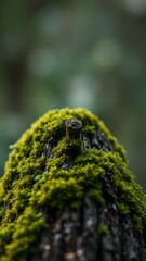 Lush green moss thrives on a dark tree branch in a Pacific Northwest forest during midday
