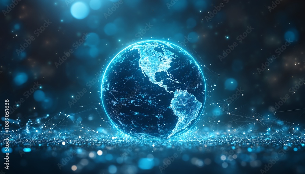 Poster digital representation of earth on technology background, glowing blue lights, global connectivity, 