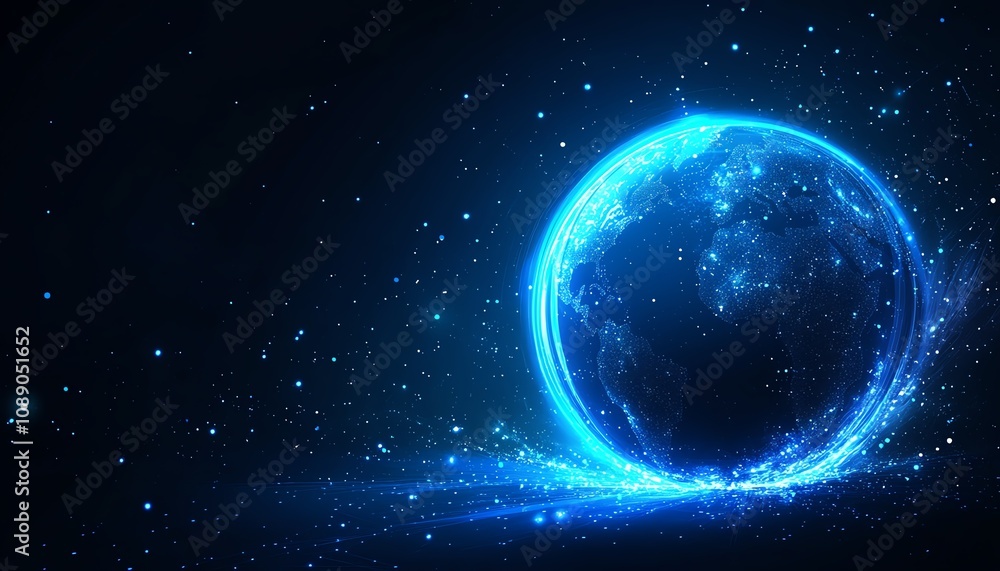 Poster digital representation of earth on technology background, glowing blue lights, global connectivity, 