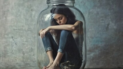 Fototapeta premium Young woman sitting in a glass jar