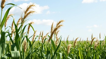 Obraz premium Tall corn stalks swaying gently in a spring breeze amidst lush green fields and blue sky, agriculture, growth