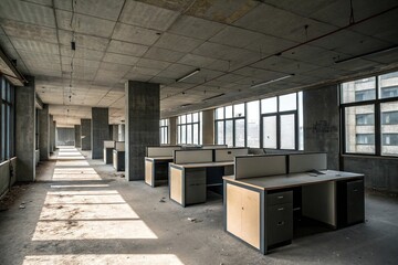 Abandoned office space with dark concrete walls and empty desks, abandoned office, grey decor, desolate environment