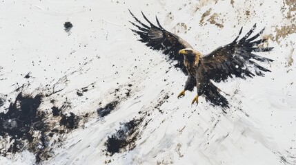 Tracks of a Golden Eagle in Fresh Snow Leading Through a Serene Winter Landscape with Majestic Wings Spreading and a Peaceful Atmosphere