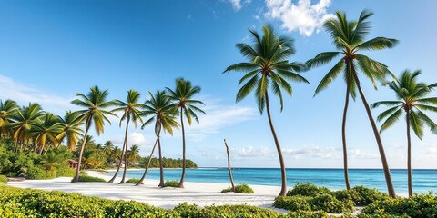A beautiful landscape of a tropical island with tall palm trees white sandy beaches and a blue sky, tropical, natural
