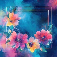 Watercolor Painting of Bright Flowers with a White Frame on a Blue Background