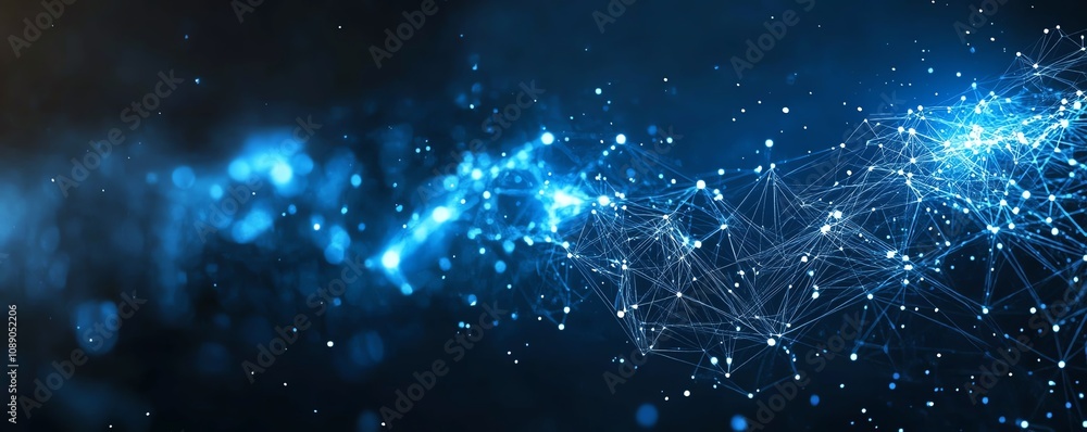 Poster digital waves on dark blue background, glowing dots symbolizing blockchain technology, abstract repr