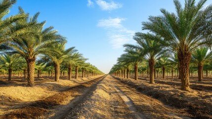 Obraz premium A row of palm trees lining a dirt path under a clear blue sky.