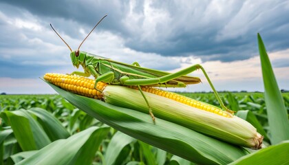 Majestic grasshopper perched on corn in vast field under cloudy sky