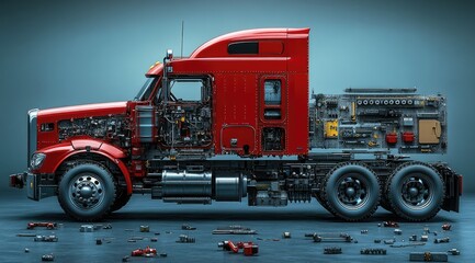Exploded view of a red semi-truck, showcasing its internal components and mechanics.  Scattered tools surround the vehicle.