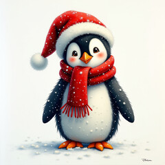 Penquin wear christmas hat and red scarf