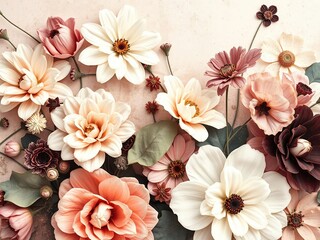 Abstract grunge floral arrangement in muted colors, eclectic, nature-inspired, arrangement