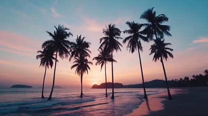 Obraz premium A group of palm trees on a beach at sunset