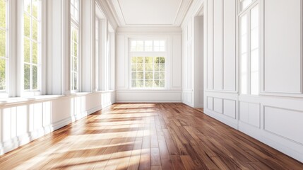 Obraz premium A large room with white walls and wooden floors. There are two windows in the room. The room is empty and has a lot of natural light