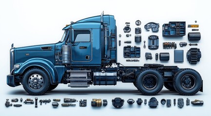 Exploded view of a semi-truck, showcasing its numerous components and parts.
