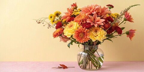 Fototapeta premium Vibrant autumnal flowers in a vase on a soft yellow and pale pink background, vase centerpiece, flower arrangement, seasonal bouquet, autumn floral arrangement, pink flowers