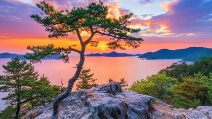 Obraz premium A Majestic Sunset Over Serene Waters with a Lone Tree Silhouetted Against Vibrant Sky and Calm Horizon Reflecting Colors of Nature's Beauty