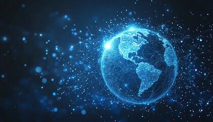 Obraz premium Planet Earth in digital form on technology background, blue glowing lights, network connections, global connectivity, futuristic tech concept