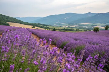 Fototapeta premium Vibrant Lavender Field with Watercolor Effect, landscape, watercolor background