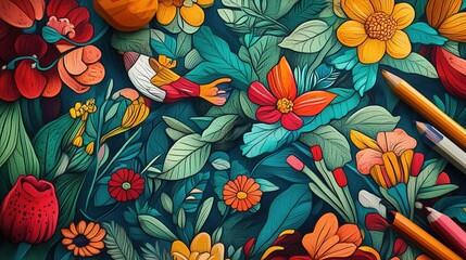 Interactive color by number wallpaper featuring vibrant floral design in a creative home setting