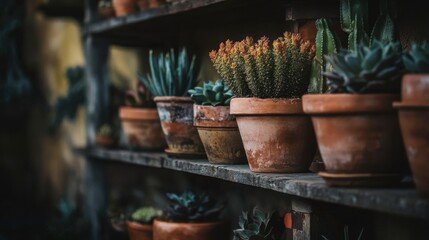 Beautiful Arrangement of Potted Succulent Plants in Rustic Terracotta Pots on Wooden Shelves, Perfect for Home Decor and Garden Inspiration