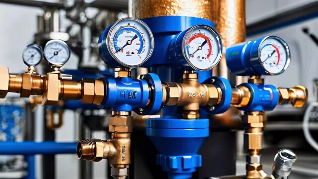 Close-up of industrial pressure gauges and valves in a factory setting.