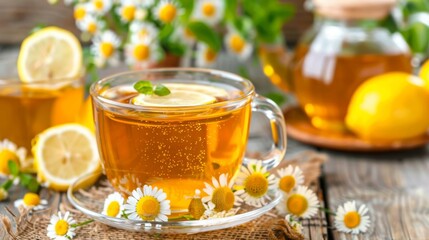 Chamomile herbal tea in a glass cup on a brown wooden table with honey, lemon and chamomile bouquet