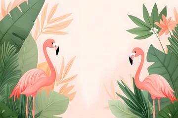 Soft Watercolour Illustration of Lush Tropical Scene with Flamingos – Vibrant and Serene Depiction of Exotic Birds in a Tropical Paradise