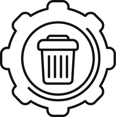 Simple black and white line art icon of a trash can inside a gear, symbolizing system cleaning or data removal