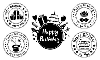 Black and white decorative elements for birthday cards. Round congratulatory stamps. Festive greeting frames. Vector illustration. 
