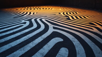 A captivating ground design featuring contrasting black and white lines creating a mesmerizing pattern illuminated by warm light.