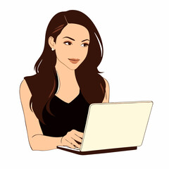 Young woman working on a laptop with focused expression, dressed in casual attire