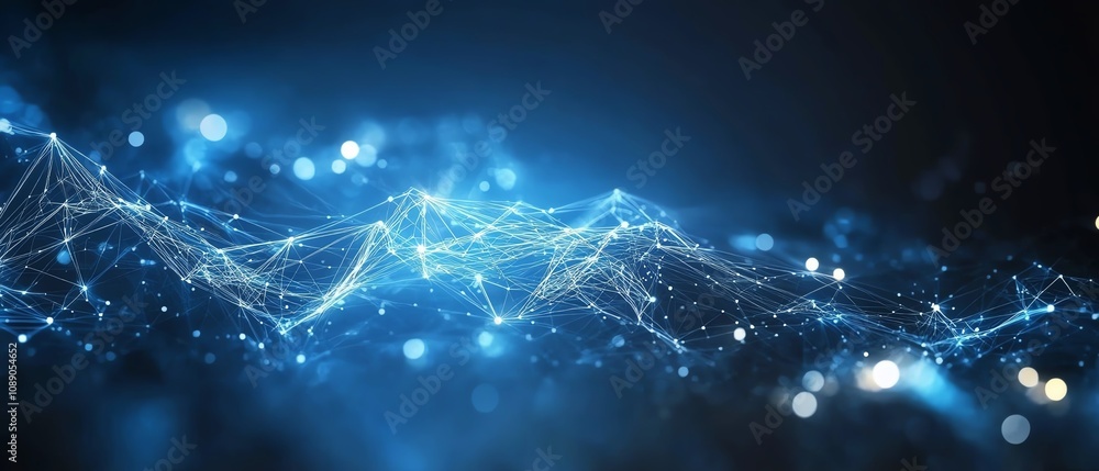 Leinwandbilder abstract digital waves on dark blue background, glowing dots representing blockchain technology, big