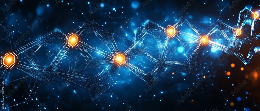 Aufkleber Abstract digital waves on dark blue background, glowing dots representing blockchain technology, big data network connections, futuristic tech design