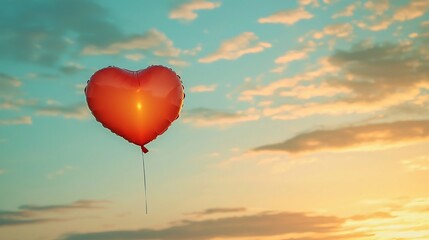 Obraz premium Heart Shaped Balloon Floating High in Glowing Sunset Sky Symbolizing the Lightness and Joy of Love