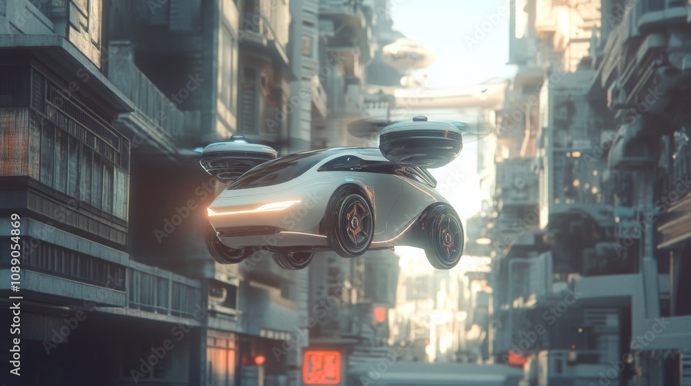 Poster a flying car glides effortlessly through a futuristic city filled with towering structures and vibra