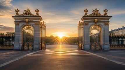 Fototapeta premium Majestic Golden Gates at Sunrise in a Historical Garden with Radiant Sunlight Breaking Through the Ornate Architecture and Casting Warm Hues Over the Pathway