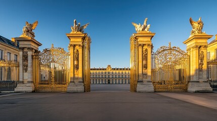 Obraz premium Golden Gates of Magnificence: The Majestic Entrance to the Palace of Versailles in Morning Light Capturing History and Architectural Grandeur