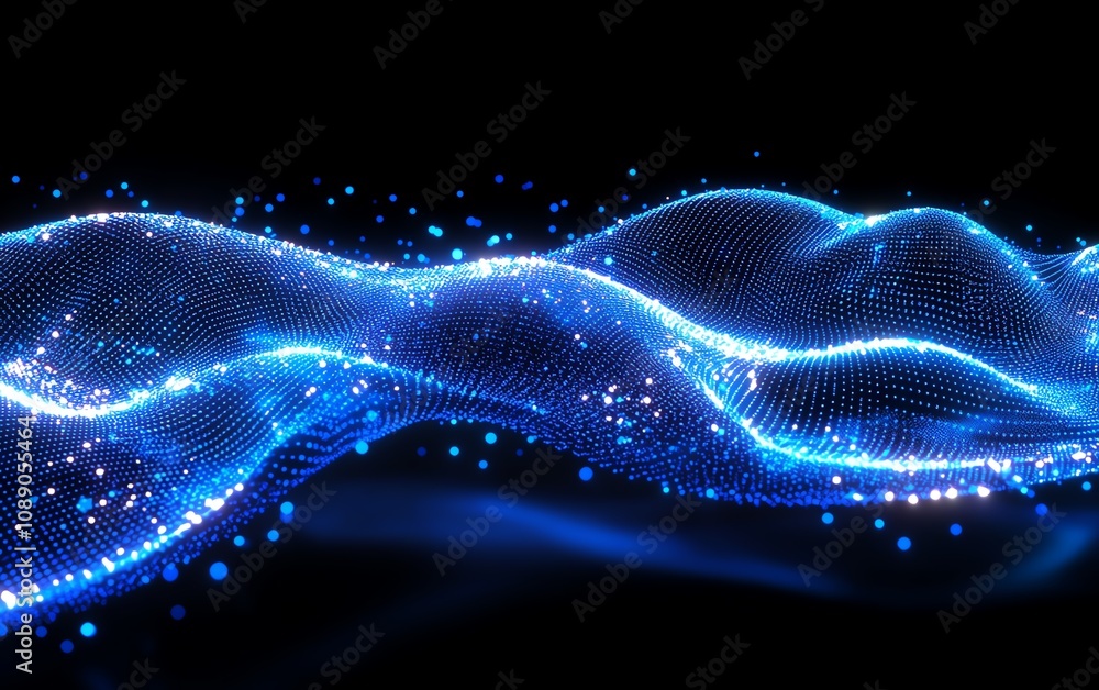 Fototapete dark blue background with blockchain technology waves and glowing dots, abstract representation of b