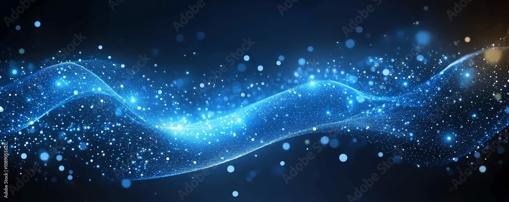 Poster dark blue background with digital waves and glowing dots, representing blockchain technology, abstra