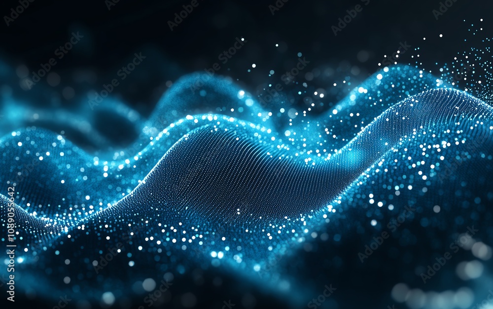 Aufkleber dark blue background with digital waves and glowing dots, representing blockchain technology, abstra